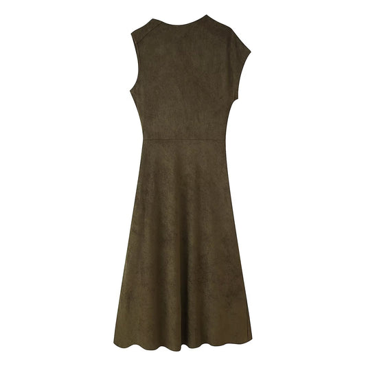 Early Autumn Women Clothing French Suede Leather Mid-Length Irregular Asymmetric Dress