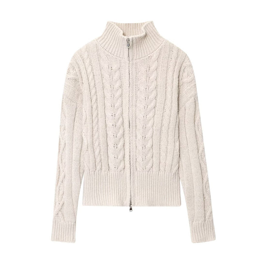 Women Idle Zipped Stand Collar Long Sleeve Twist Knitted Cardigan