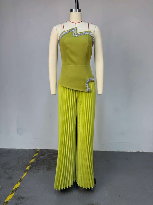 Women Summer Heavy Industry Tube Top with Diamond Irregular Asymmetric Top Pleated Wide Leg Trousers Set