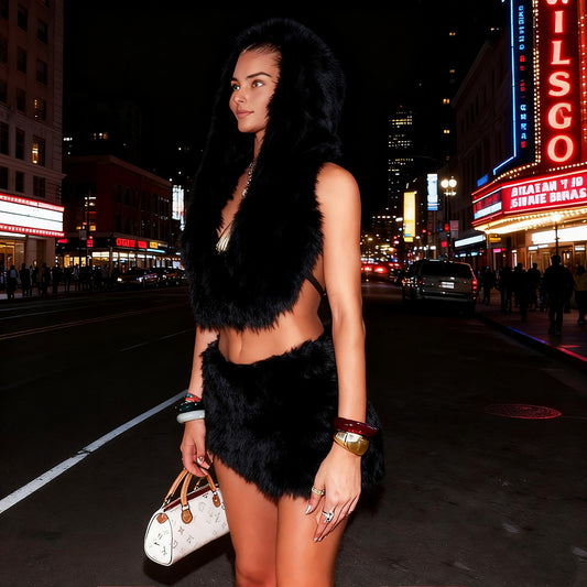 Autumn Backless Hooded Top Slimming Hip Skirt Solid Color Set for Women