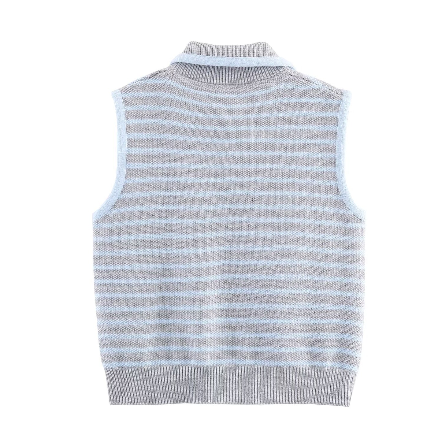 Women Clothing Fall Fresh Age Reducing Stripe Decoration Collared Short Vest