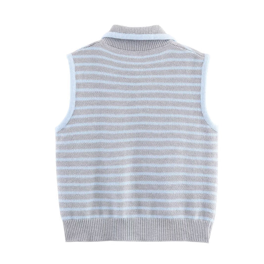Women Clothing Fall Fresh Age Reducing Stripe Decoration Collared Short Vest