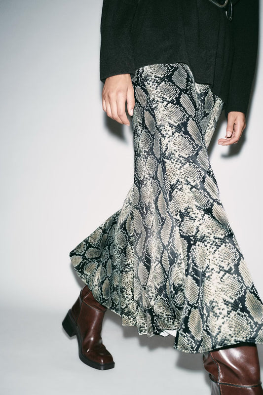 Women Clothing Autumn Holiday Printed Silk Satin Midi Skirt