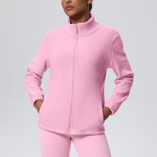 High Collar Warm Fleece Lined Zipped Sports Coat Loose Yoga Clothes Casual All Matching Women