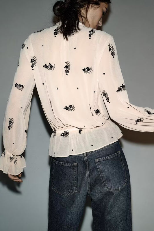 Winter Fashionable Temperamental All Match Sequin Translucent Shirt - Wanita Store