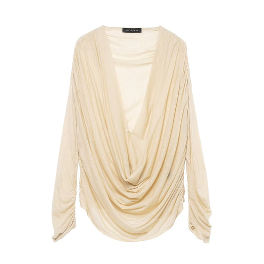 Women Clothing Winter Deep V Plunge neck Slimming Pleated Long Sleeved T shirt Top - Wanita Store