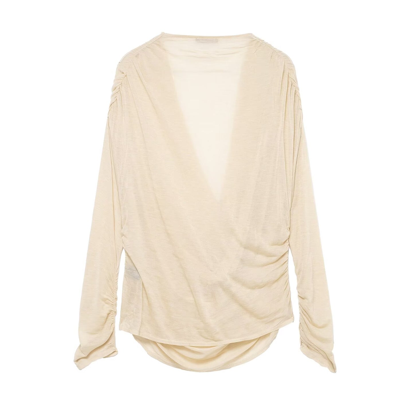 Women Clothing Winter Deep V Plunge neck Slimming Pleated Long Sleeved T shirt Top - Wanita Store