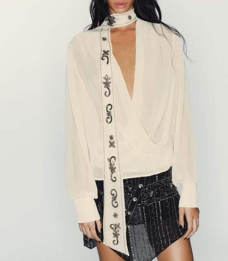 Women Clothing Georgette Beaded Scarf Shirt Top - Wanita Store