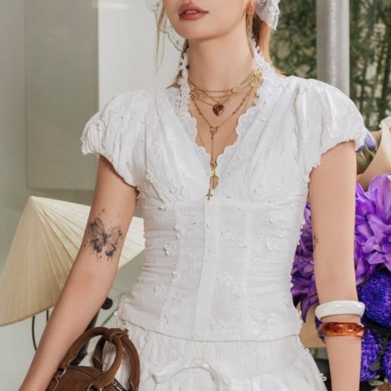 Vietnam Niche Sweet Embroidered Hollow Out Cutout Three Dimensional Jacquard Design Back Zipper Puff Sleeve V neck Shirt Top - Wanita Store