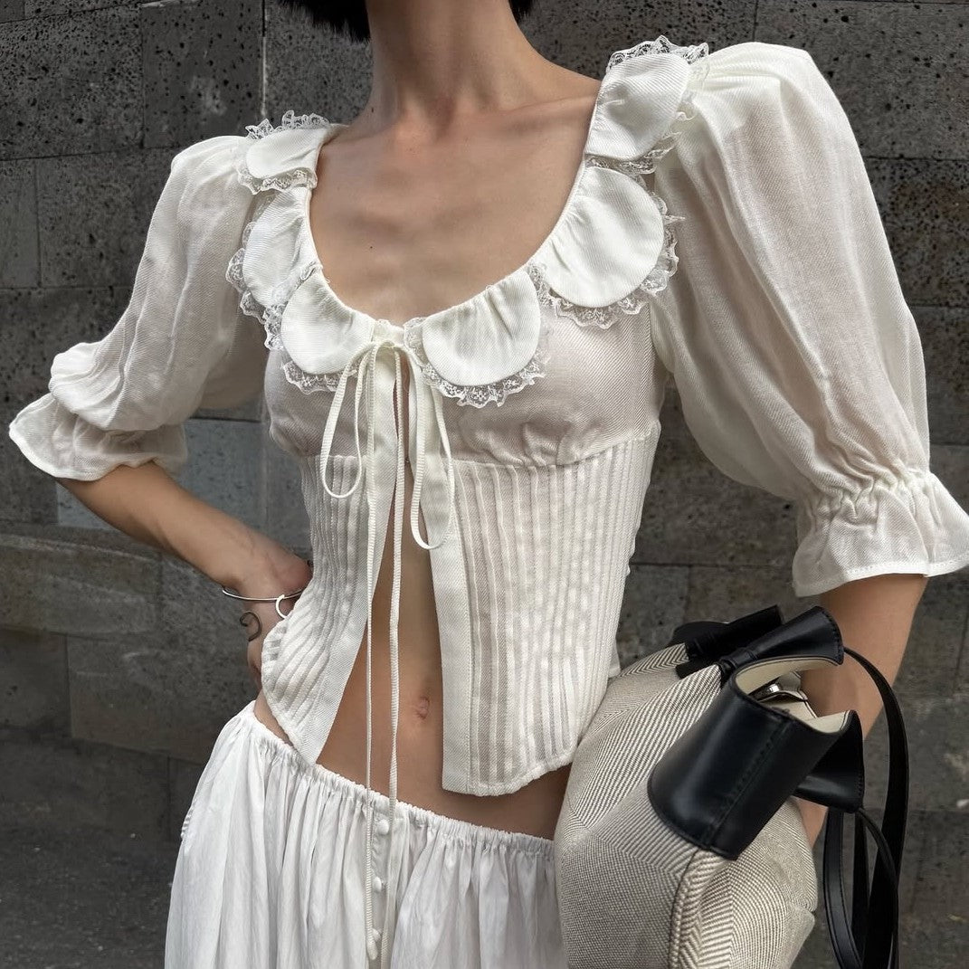 French Sweet Design Petal Scoop Lace Stitching Ruffle Slim Shirt Solid Color Tied Top - Wanita Store