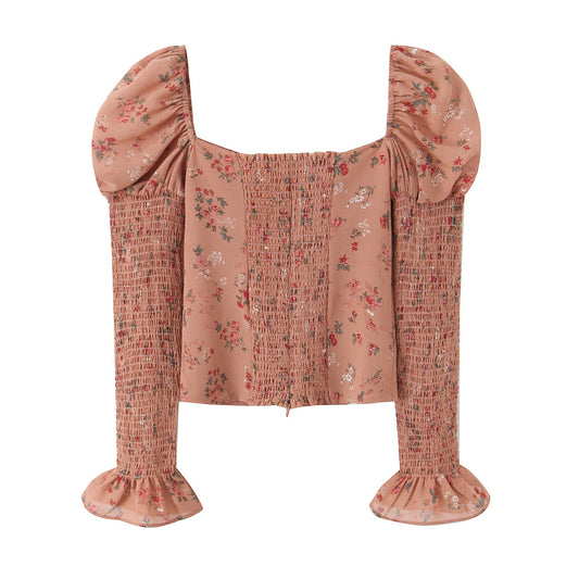 Women Early Spring Floral Printed Sexy Square Collar Slimming Elastic Puff Sleeve Shirt - Wanita Store