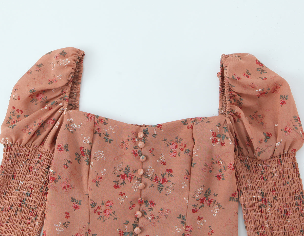 Women Early Spring Floral Printed Sexy Square Collar Slimming Elastic Puff Sleeve Shirt - Wanita Store