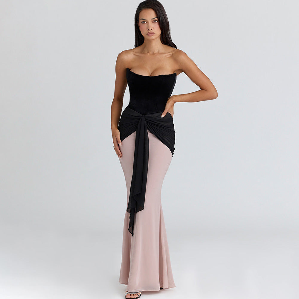 Robe plissée à ruban, coupe ajustée, taille haute, poitrine sexy, taille froncée, patchwork contrasté.
