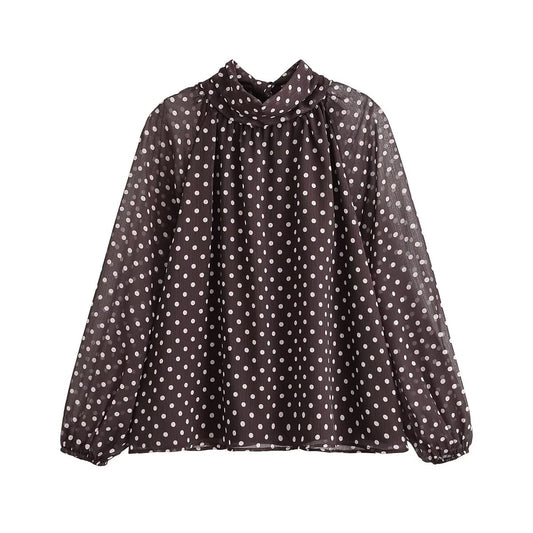 Camisa con estampado de lunares y decoración de lazo de otoño