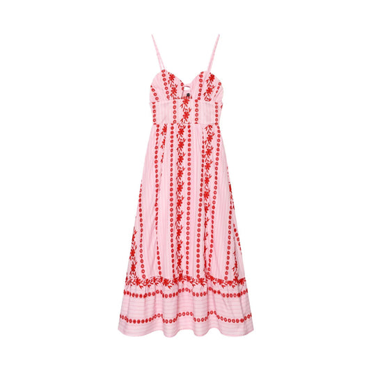 Women Clothing Summer V neck Hollow Out Cutout Embroidered Midi Strap Dress