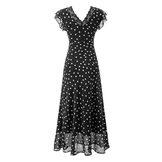 Summer Atmosphere Lace Stitching Vacation Floral Dress Flying Sleeves Slim Dress