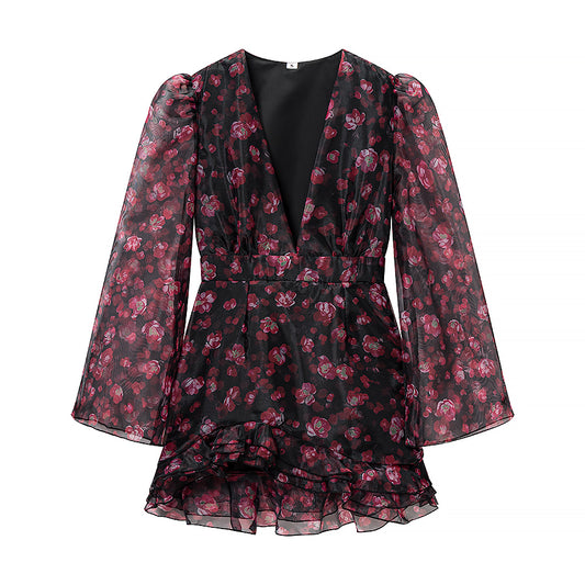 Spring Chiffon Dress Deep V Plunge neck Floral Printed Ruffles Long Sleeve Short Dress