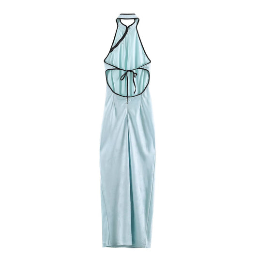 Women Clothing Cold Feeling Dark Pattern Jacquard Halter Improved Cheongsam Long Slimming Dress