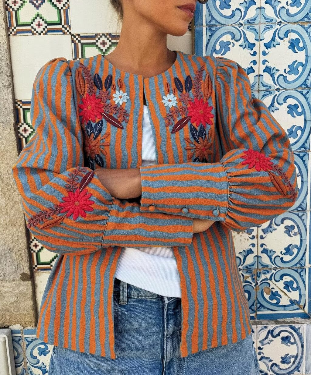 Women Clothing Autumn All Match Striped Floral Embroidered Coat