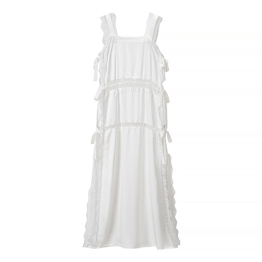 Women Clothing Summer French Lace Stitching Solid Color Loose Fitting Camisole Dress