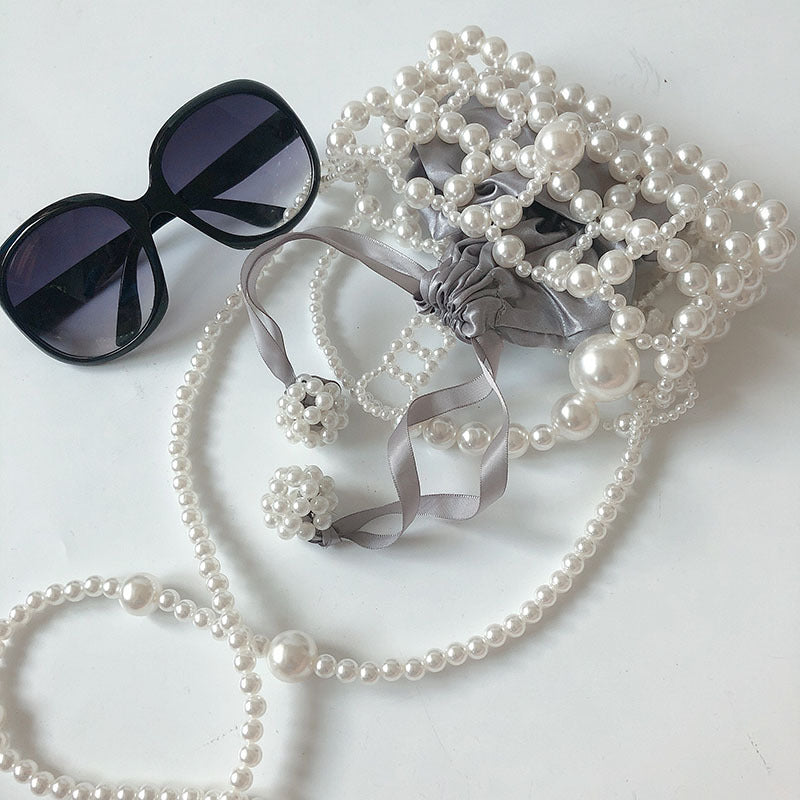 Portable Imitation Pearl Small Bag Hollow Out Cutout Women One Shoulder Crossbody Bag Handmade Beaded Internet Celebrity Mini Bag