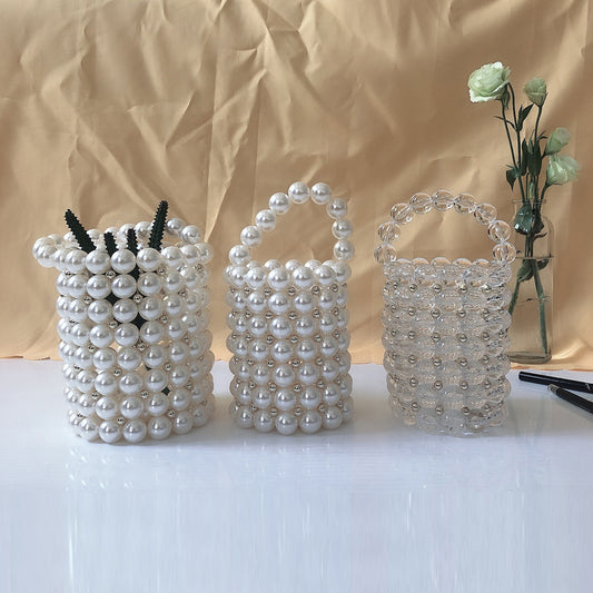 Hand Woven Imitation Pearl Handbag Stylish round Women Bucket Bag Hand Held Hollow Out Cutout Pen Holder Bag - Wanita Store