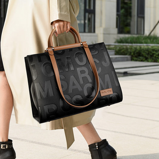Women Handbag Large Capacity Letter Graphic Embossed Tote Bag Color Contrast Elegant Shoulder Bag Work Office Bag Women