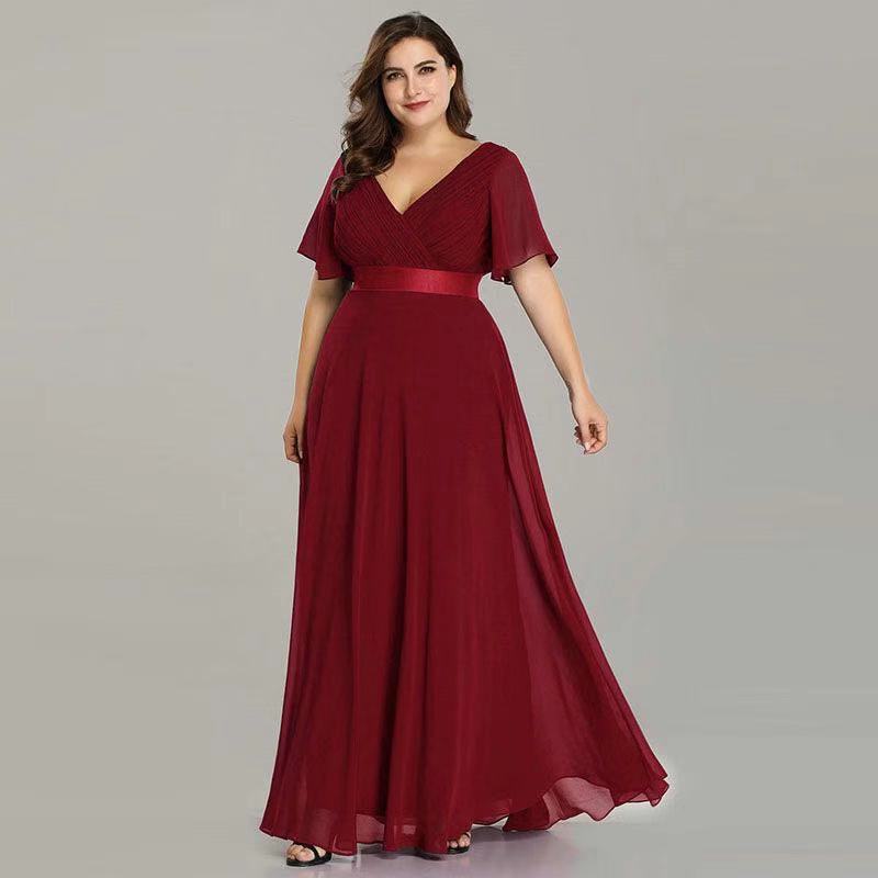 Hand-Folded Large V-neck Dress Chiffon Elastic Banquet Bridesmaid Evening Dress for Women