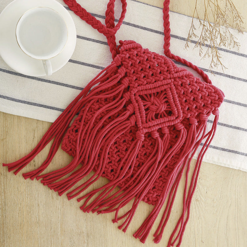 Simple Tassel Crossbody Straw Bag Korean Retro Shoulder Cotton Thread Woven Bag Summer Beach Bag