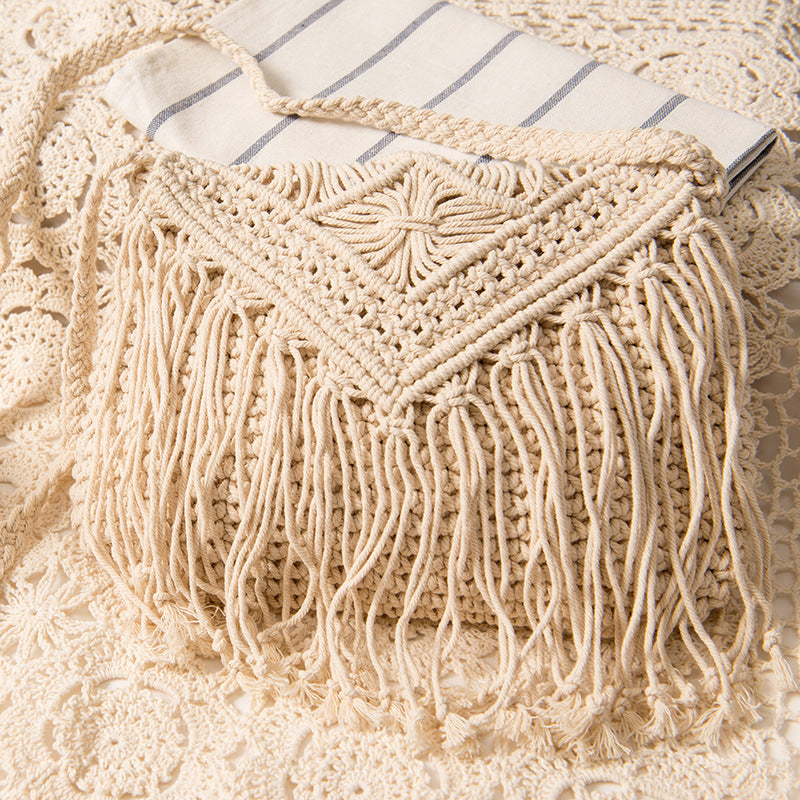 Simple Tassel Crossbody Straw Bag Retro One Shoulder Cotton Thread Woven Bag Summer Beach Bag