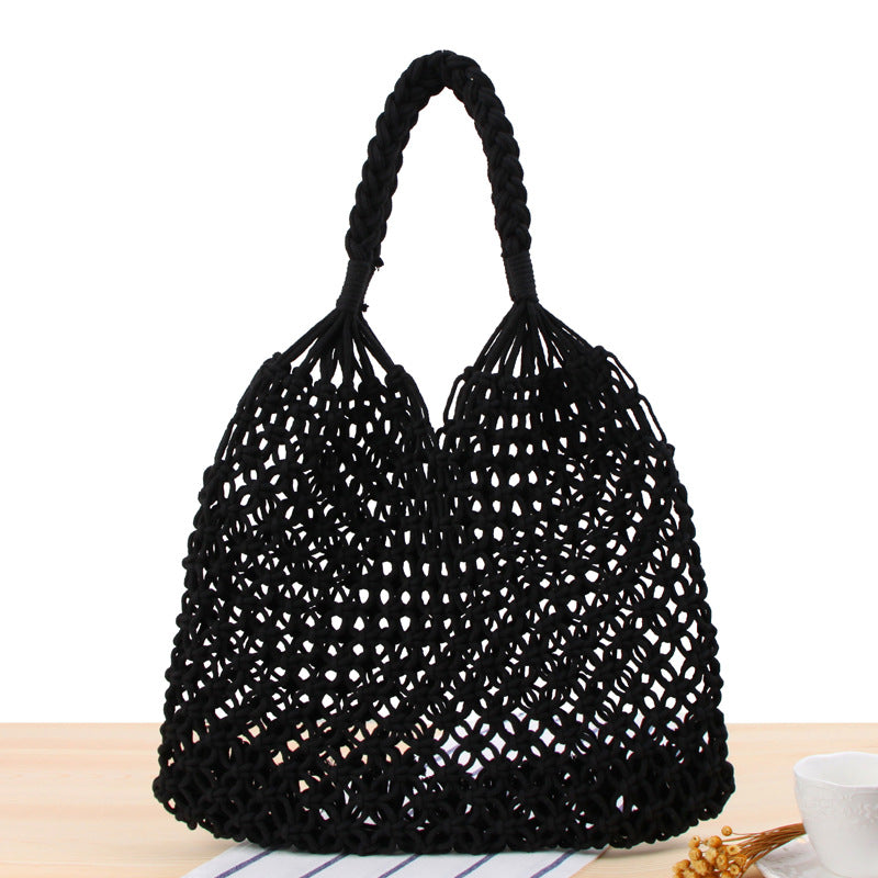 Solid Color One Shoulder Woven Bag Trendy Women Mori Straw Bag Degrees Handmade Cotton String Net Pocket Beach Bag
