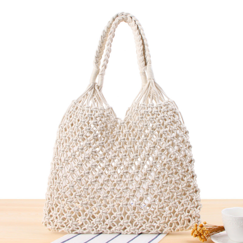 Solid Color One Shoulder Woven Bag Trendy Women Mori Straw Bag Degrees Handmade Cotton String Net Pocket Beach Bag