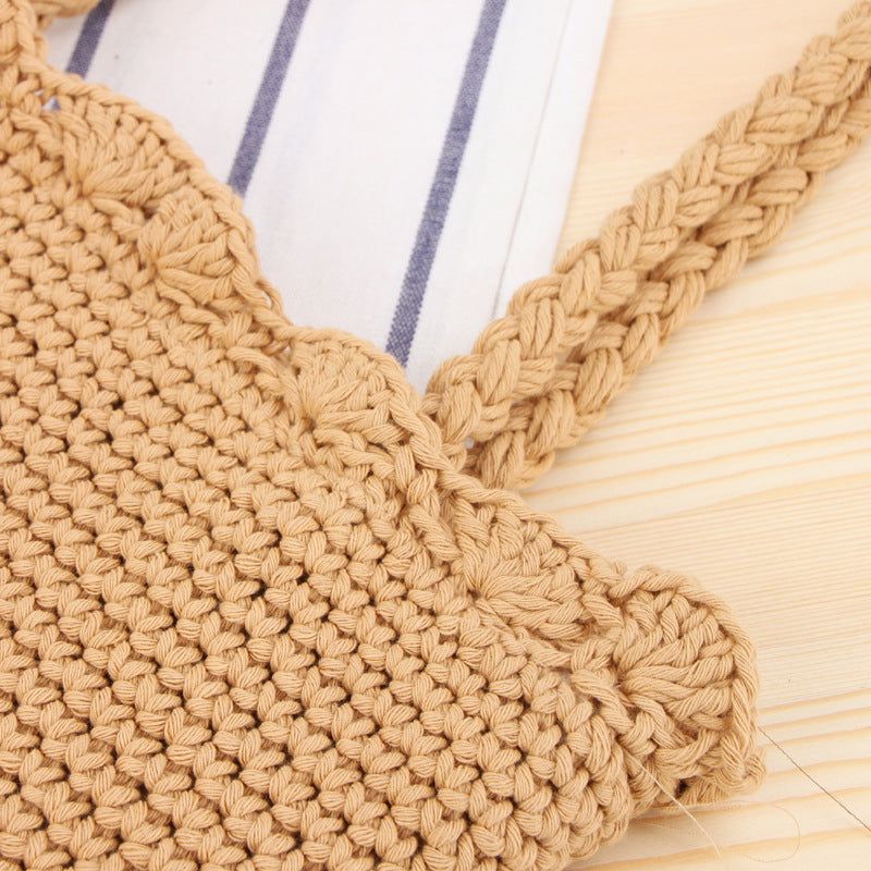 Shoulder Hand-Woven Bag Hand Crocheting Cotton String Vacation Beach Casual Bag