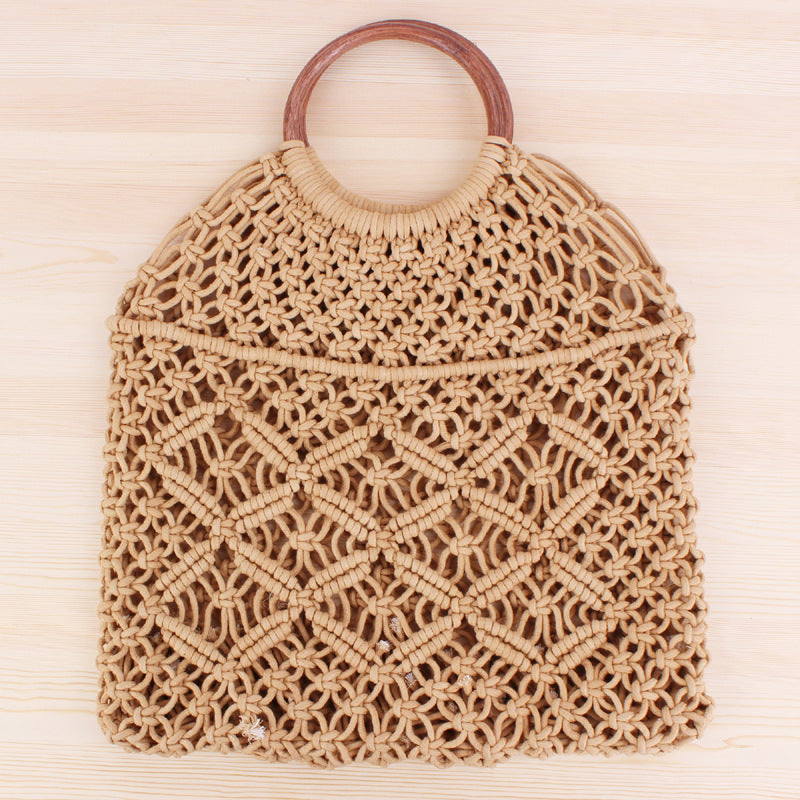 Solid Color Woven Tote Trendy Women Mori Straw Bag Degrees Handmade Cotton String Net Pocket Beach Bag