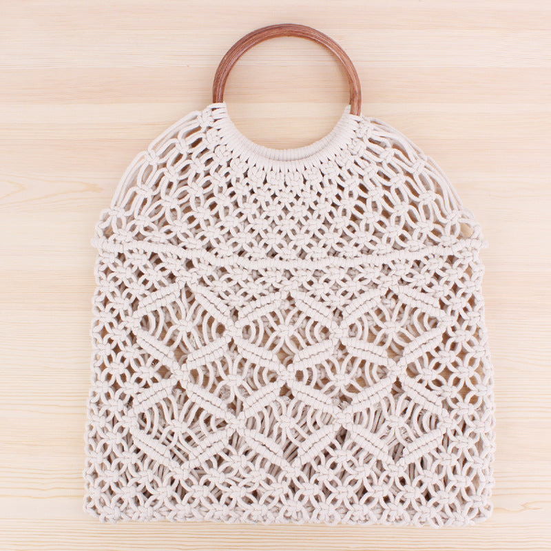 Solid Color Woven Tote Trendy Women Mori Straw Bag Degrees Handmade Cotton String Net Pocket Beach Bag