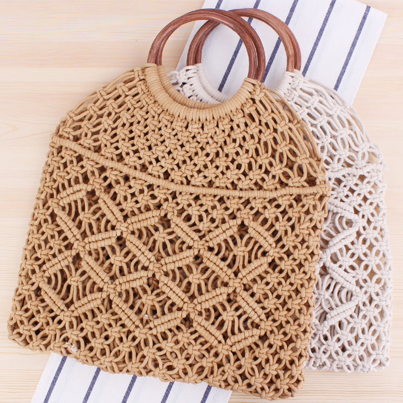 Solid Color Woven Tote Trendy Women Mori Straw Bag Degrees Handmade Cotton String Net Pocket Beach Bag