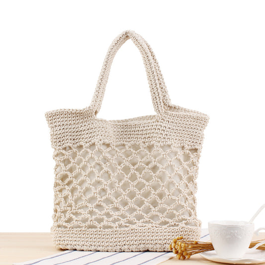 Solid Color Cotton Thread Hand Crocheting Woven Bag Trendy Women Mori Portable Vacation Beach Straw Bag