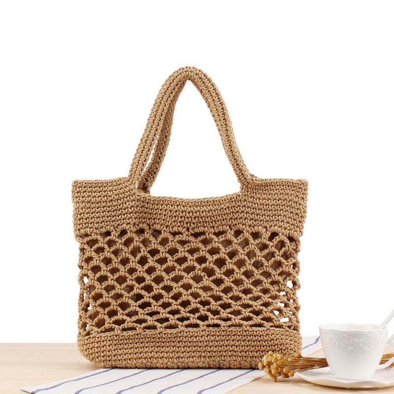 Solid Color Cotton Thread Hand Crocheting Woven Bag Trendy Women Mori Portable Vacation Beach Straw Bag