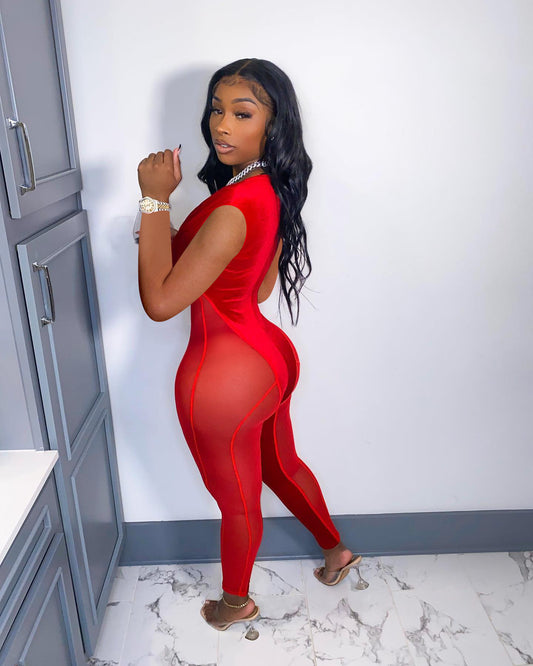 Women Clothing Spring Summer Arrival Supply Mesh Velvet Stitching Jumpsuit