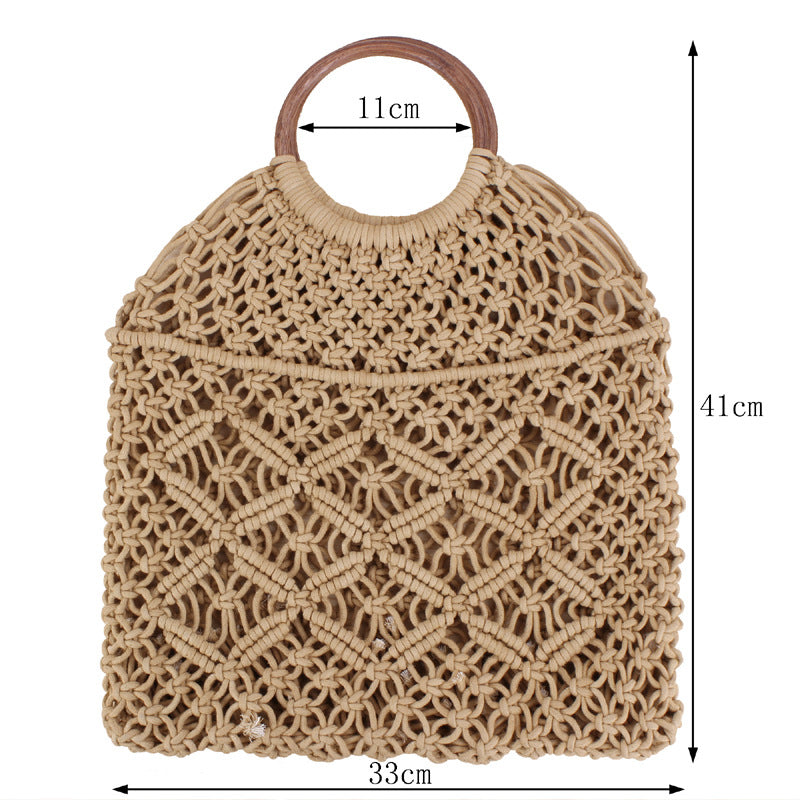 Solid Color Woven Tote Trendy Women Mori Straw Bag Degrees Handmade Cotton String Net Pocket Beach Bag