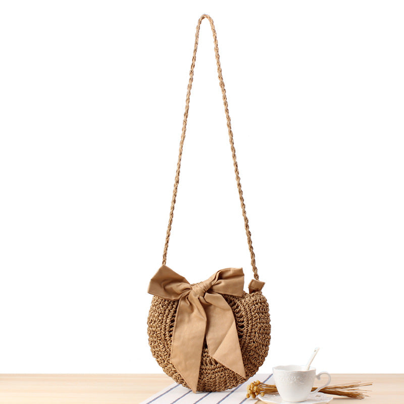 Cute Bowknot Crossbody Woven Bag Handmade Crochet round Straw Bag Women Bag Beach Bag