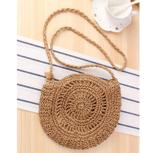 Cute Bowknot Crossbody Woven Bag Handmade Crochet round Straw Bag Women Bag Beach Bag