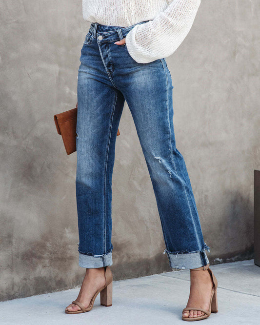 Urban Casual Washed out Women Straight Leg Denim Trousers