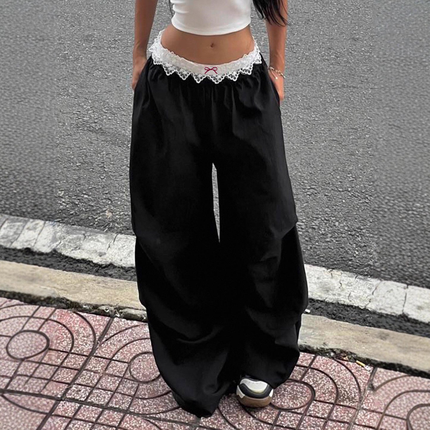 Street Stitching Lace Contrast Color Waist Head Women Summer Wide Leg Mopping Woven Trouser