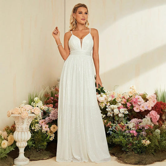 White Suspender Ball Dress Beach Church Wedding Dress Simple Elegant Dress Slim Slimming Women