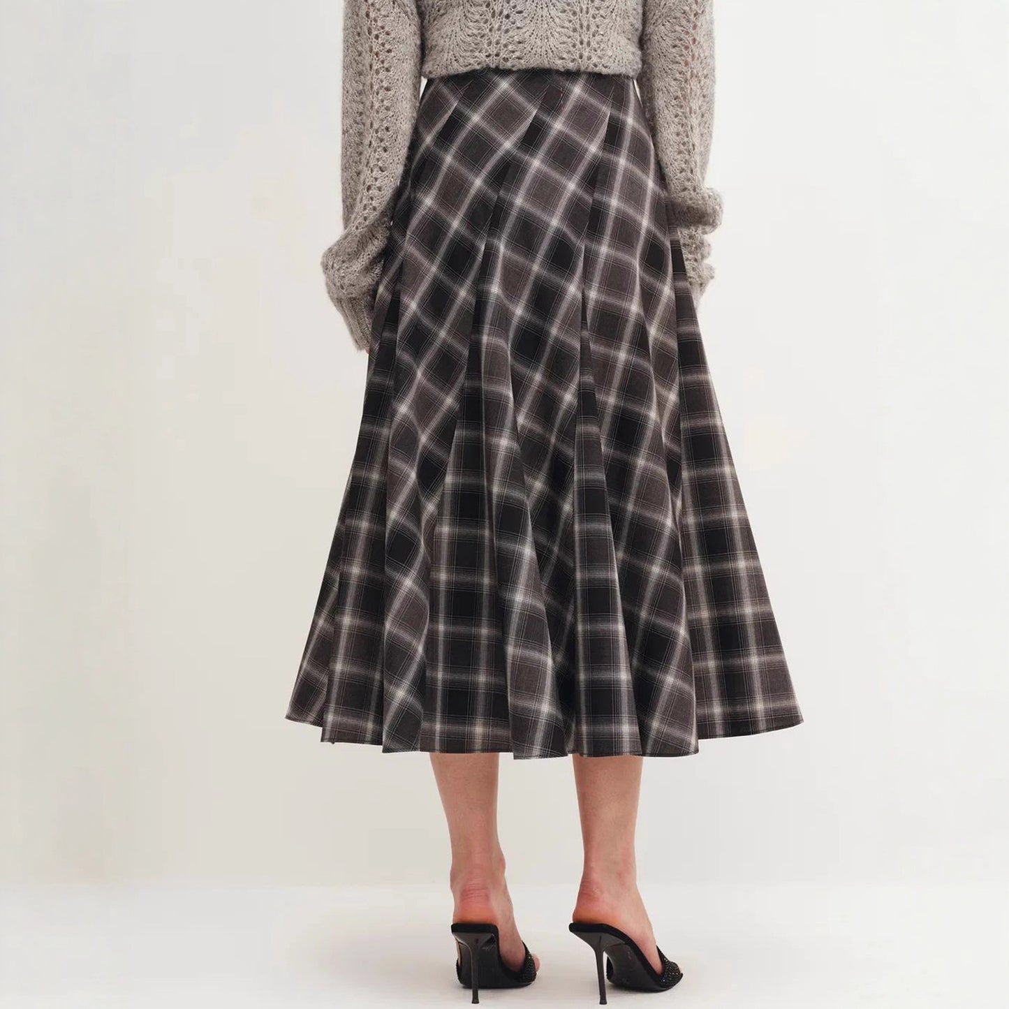Autumn Winter Woolen Plaid Retro Long Skirt Tight Waist Slimming A line Skirt Large Swing Skirt