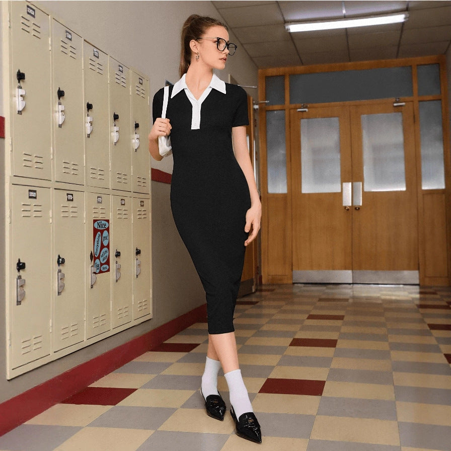 Summer Slimming Elegant Stitching Contrast Color Polo Collar Hip Short Sleeve Single Breasted Knitted Dress