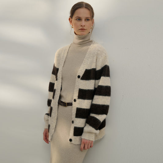 Autumn Winter Lazy Sweater Women Retro Gentle Casual Three Dimensional Striped Contrast Color V neck Long Sleeve Knitted Cardigan