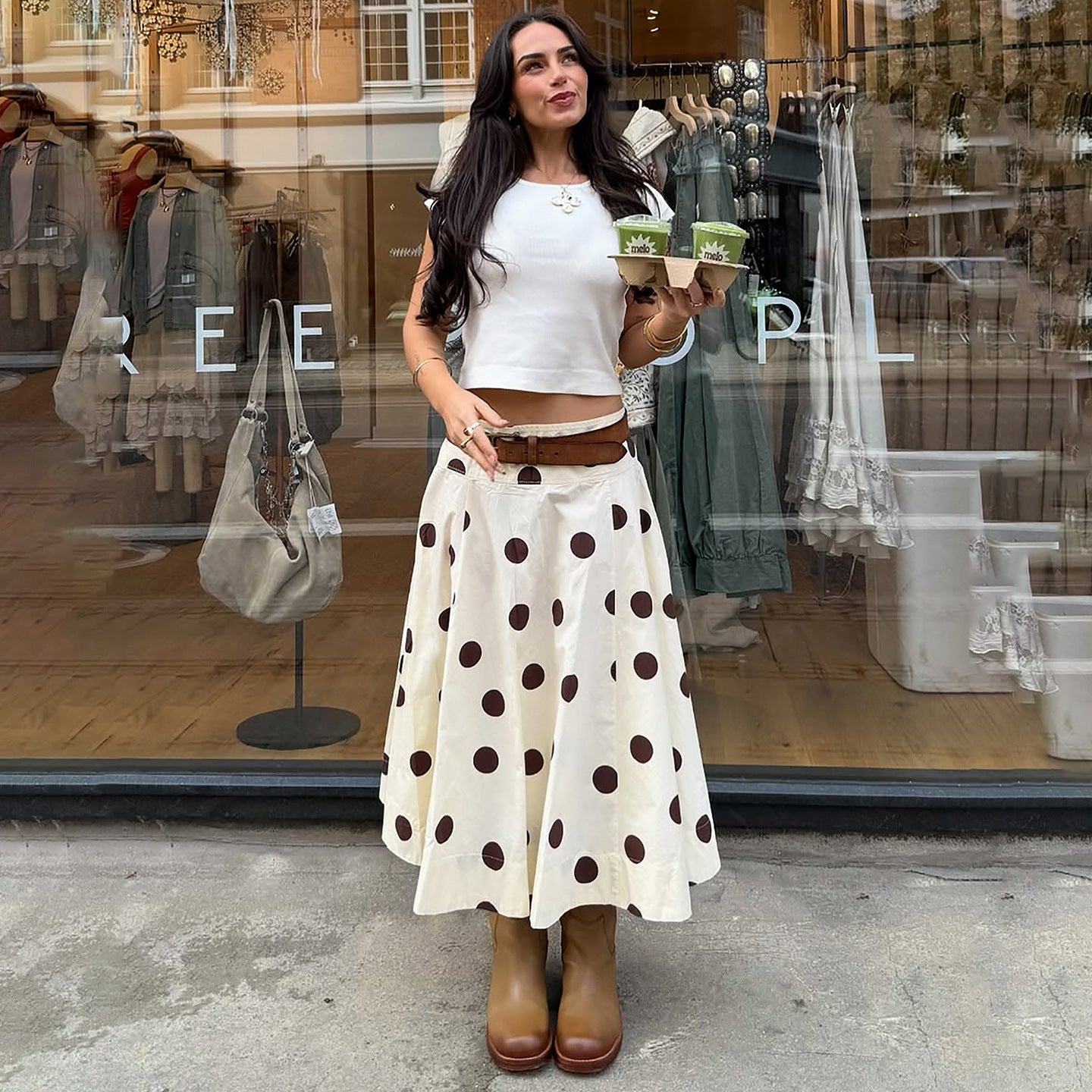 French Polka Dot Elegant Fashionable Umbrella Skirt Women Draping Vacation Mid Length Skirt