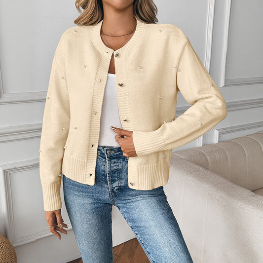 Romantic Sweet Pearl Decorative Love Button Solid Color Sweater Coat for Women